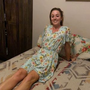 Calvin Klein floral dress, v- neck, tie-waste, bell sleeves